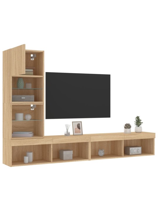 4-daļīgs tv skapīšu komplekts ar led, ozola, inženierijas koks