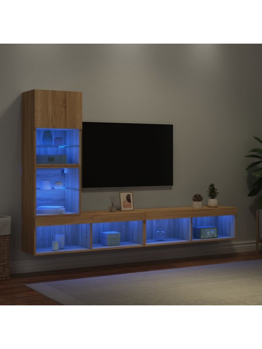 4-daļīgs tv skapīšu komplekts ar led, ozola, inženierijas koks