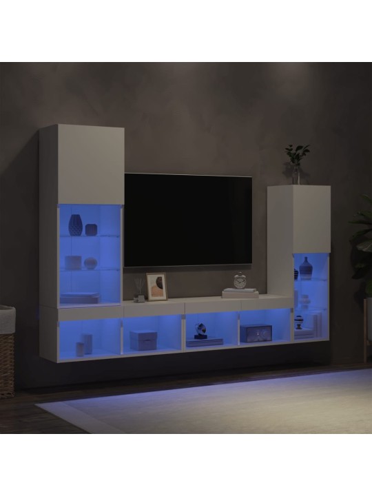 4-daļīgs tv skapīšu komplekts ar led, balts, inženierijas koks