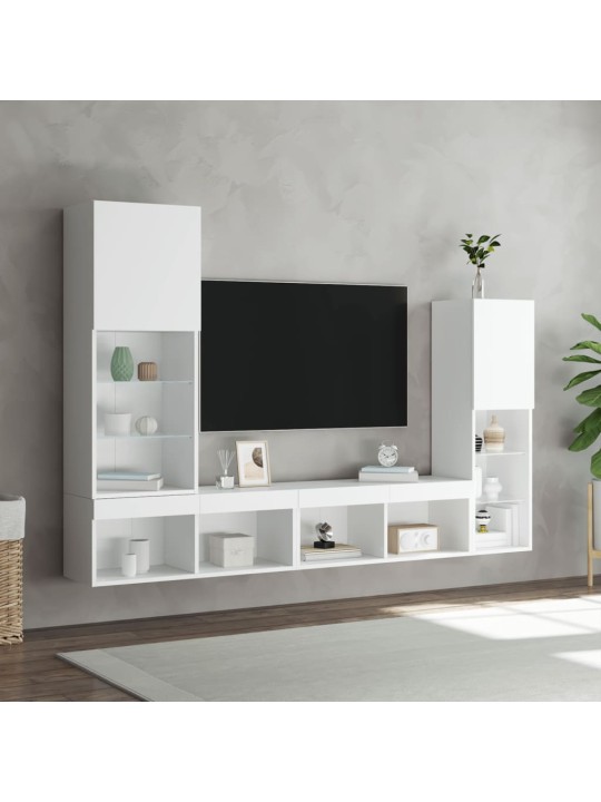4-daļīgs tv skapīšu komplekts ar led, balts, inženierijas koks