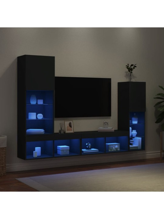4-daļīgs tv skapīšu komplekts ar led, melns, inženierijas koks