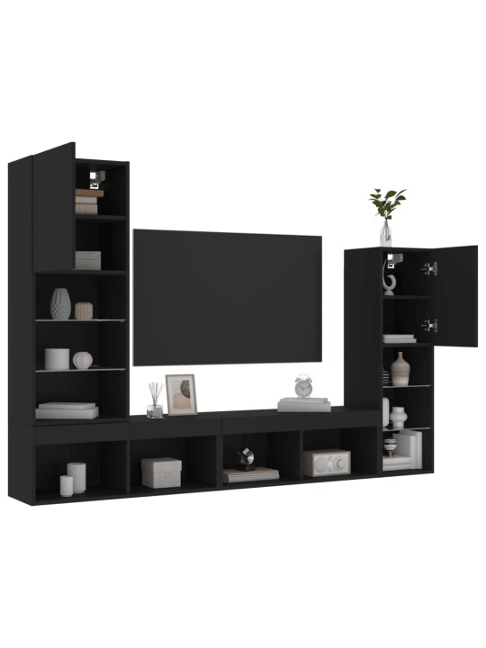 4-daļīgs tv skapīšu komplekts ar led, melns, inženierijas koks