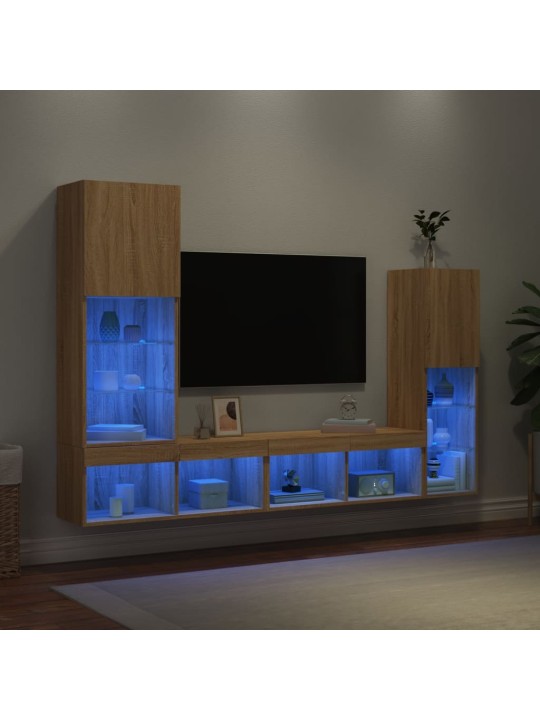 4-daļīgs tv skapīšu komplekts ar led, ozola, inženierijas koks