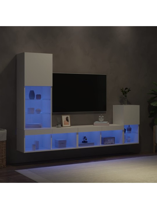 4-daļīgs tv skapīšu komplekts ar led, balts, inženierijas koks
