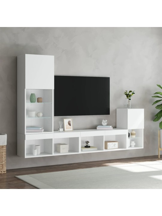 4-daļīgs tv skapīšu komplekts ar led, balts, inženierijas koks