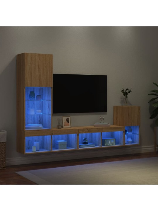 4-daļīgs tv skapīšu komplekts ar led, ozola, inženierijas koks