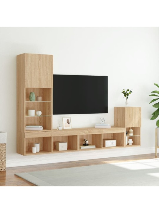 4-daļīgs tv skapīšu komplekts ar led, ozola, inženierijas koks