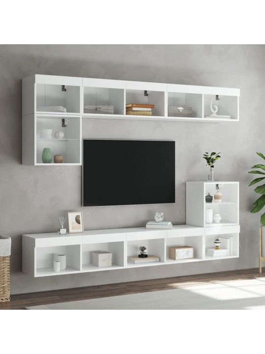 8-daļīgs tv skapīšu komplekts ar led, balts, inženierijas koks