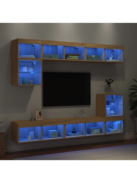 8-daļīgs tv skapīšu komplekts ar led, ozola, inženierijas koks