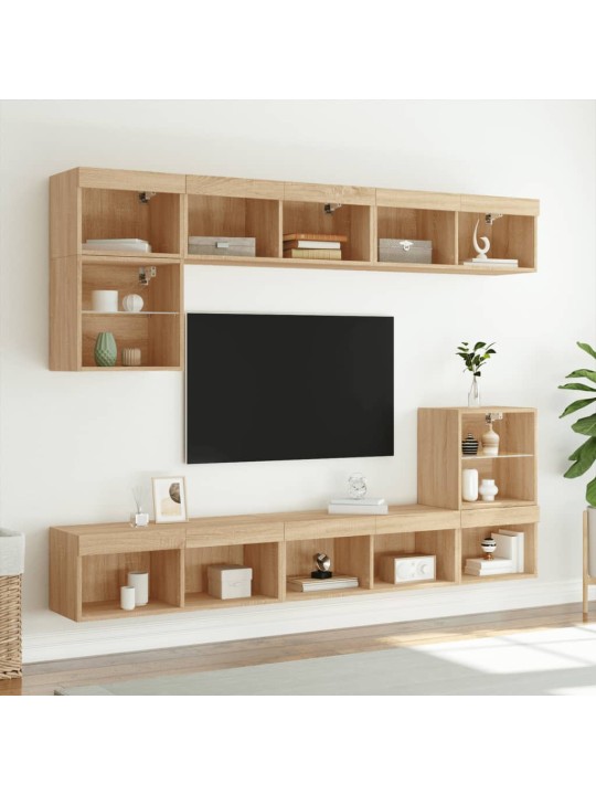 8-daļīgs tv skapīšu komplekts ar led, ozola, inženierijas koks