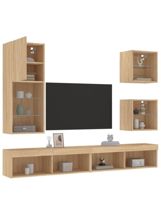 5-daļīgs tv skapīšu komplekts ar led, ozola, inženierijas koks