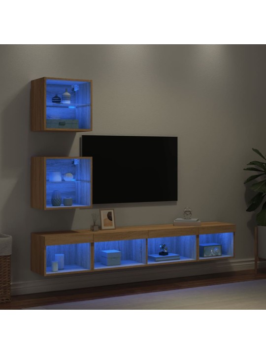 5-daļīgs tv skapīšu komplekts ar led, ozola, inženierijas koks