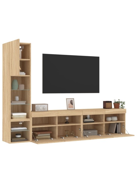 4-daļīgs tv skapīšu komplekts ar led, ozola, inženierijas koks