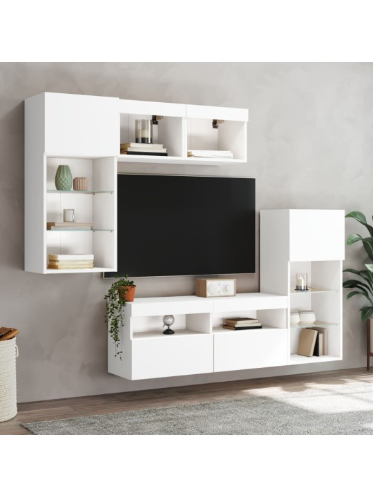 5-daļīgs TV skapīšu komplekts ar LED, balts, inženierijas koks
