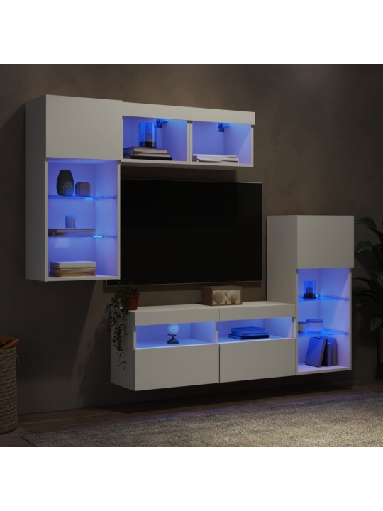5-daļīgs TV skapīšu komplekts ar LED, balts, inženierijas koks