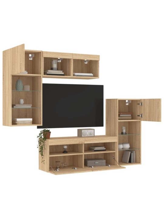 5-daļīgs tv skapīšu komplekts ar led, ozola, inženierijas koks
