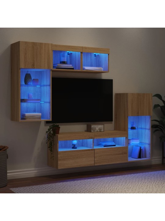 5-daļīgs tv skapīšu komplekts ar led, ozola, inženierijas koks