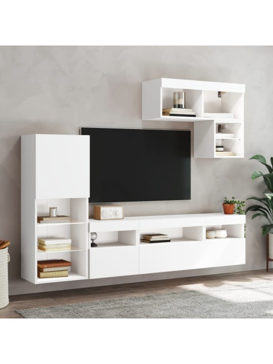 6-daļīgs tv skapīšu komplekts ar led, balts, inženierijas koks