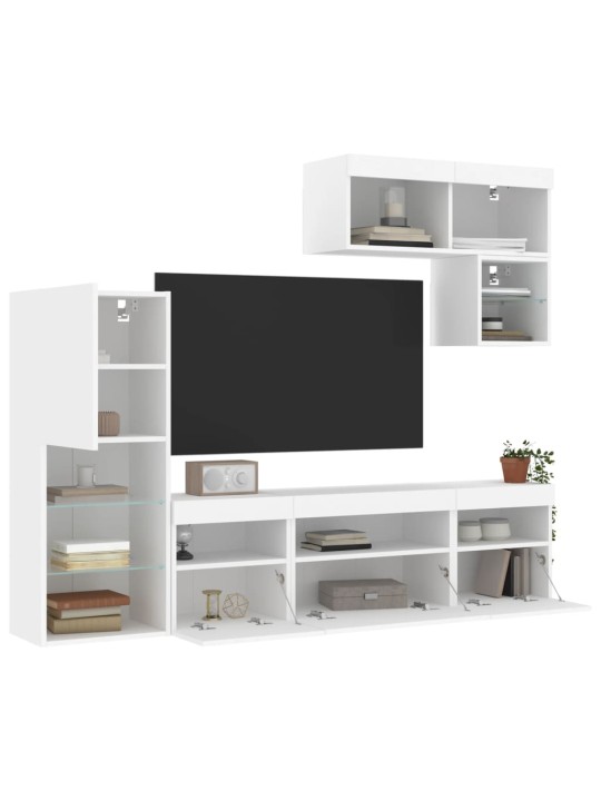 6-daļīgs tv skapīšu komplekts ar led, balts, inženierijas koks