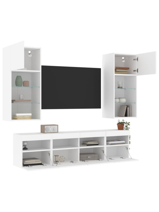 5-daļīgs tv skapīšu komplekts ar led, balts, inženierijas koks