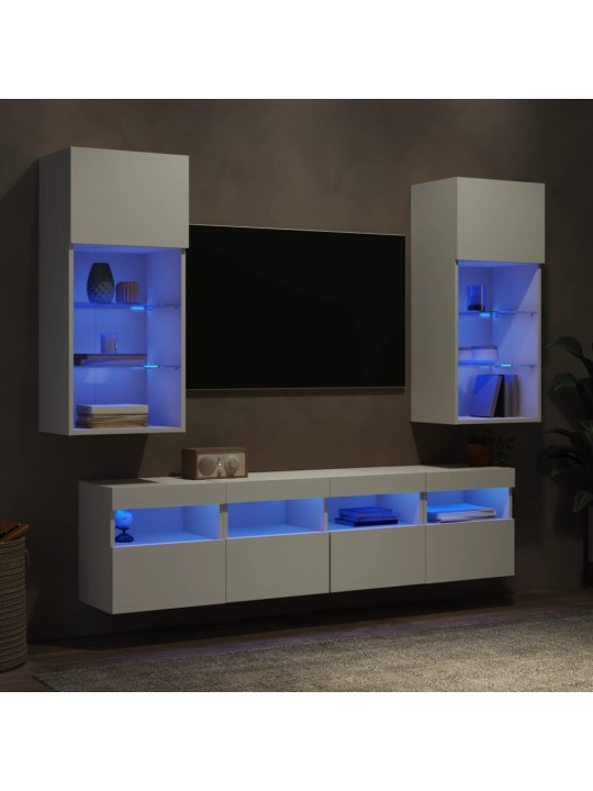 5-daļīgs tv skapīšu komplekts ar led, balts, inženierijas koks