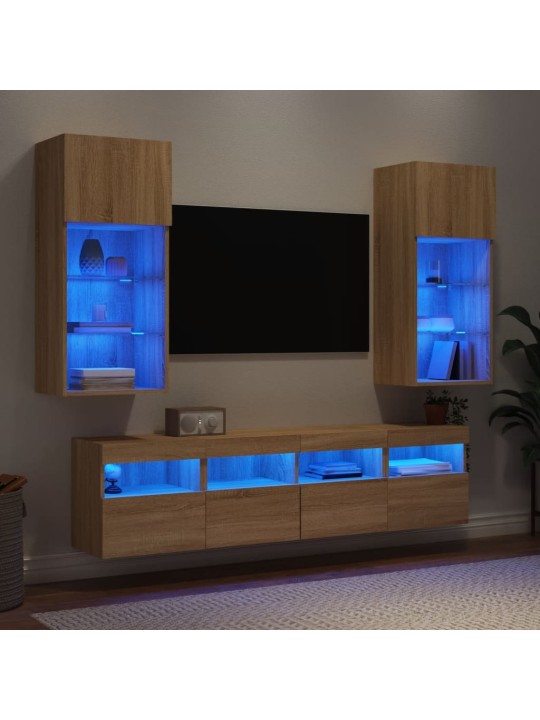 5-daļīgs tv skapīšu komplekts ar led, ozola, inženierijas koks