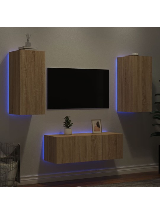 4-daļīgs tv skapīšu komplekts ar led, ozola, inženierijas koks