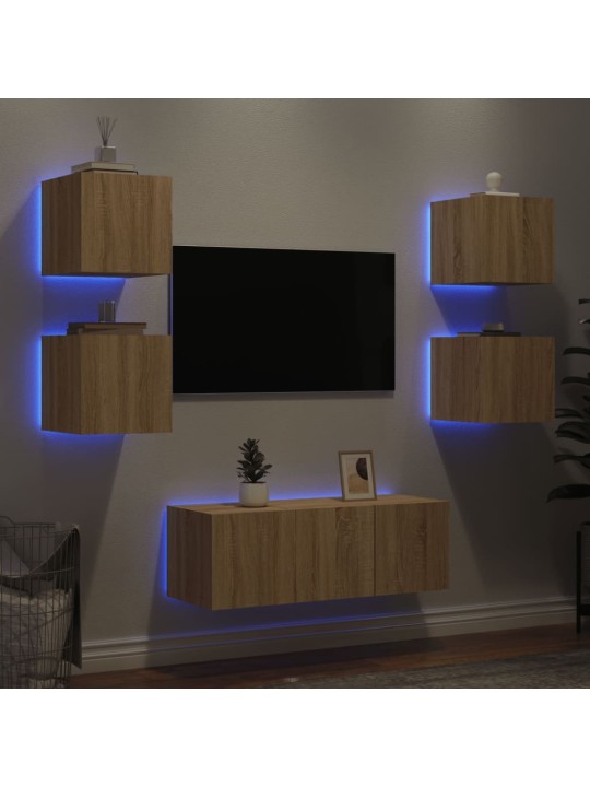 6-daļīgs tv skapīšu komplekts ar led, ozola, inženierijas koks