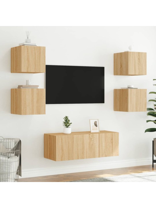 6-daļīgs tv skapīšu komplekts ar led, ozola, inženierijas koks