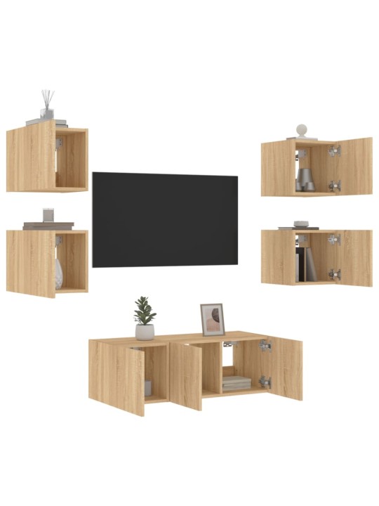 6-daļīgs tv skapīšu komplekts ar led, ozola, inženierijas koks