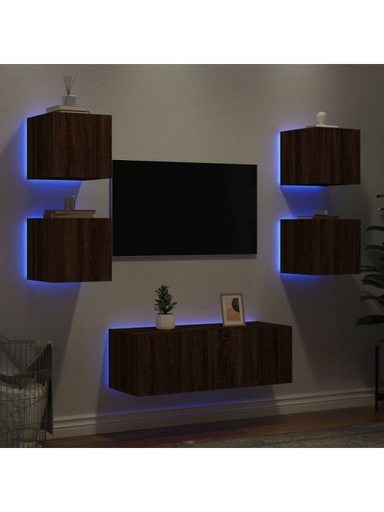 6-daļīgs tv skapīšu komplekts ar led, brūna ozola