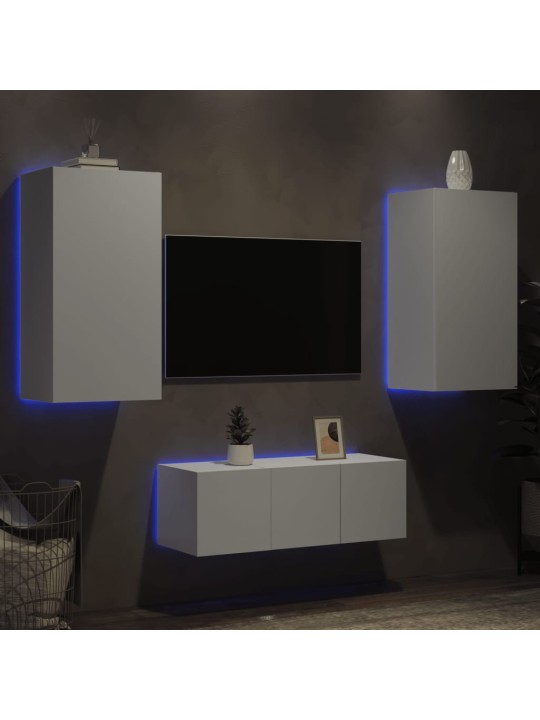 4-daļīgs tv skapīšu komplekts ar led, balts, inženierijas koks