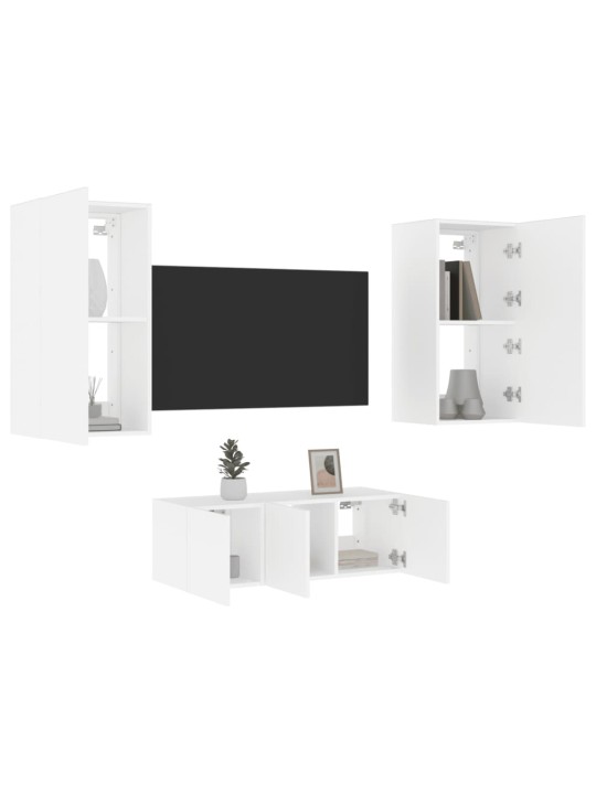 4-daļīgs tv skapīšu komplekts ar led, balts, inženierijas koks
