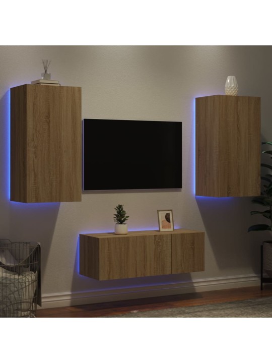 4-daļīgs tv skapīšu komplekts ar led, ozola, inženierijas koks
