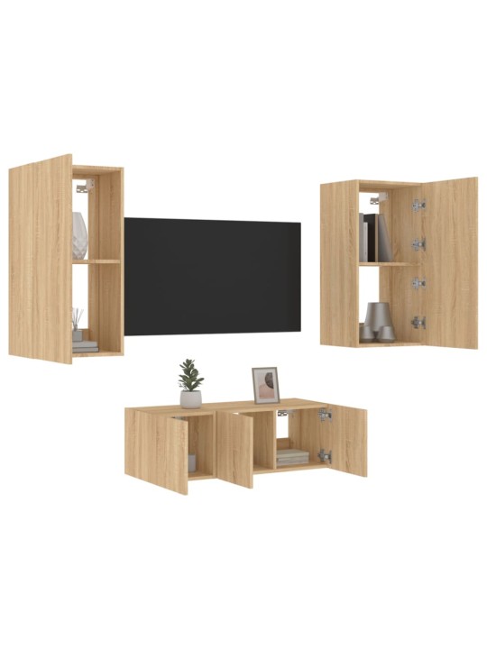 4-daļīgs tv skapīšu komplekts ar led, ozola, inženierijas koks