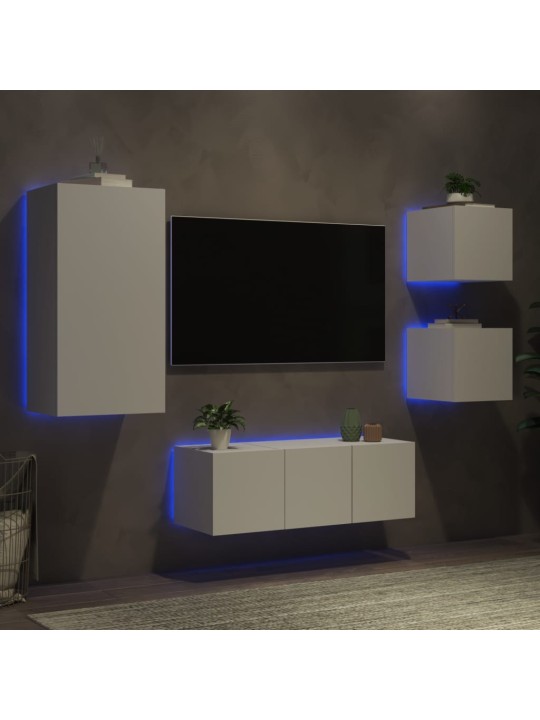 5-daļīgs tv skapīšu komplekts ar led, balts, inženierijas koks