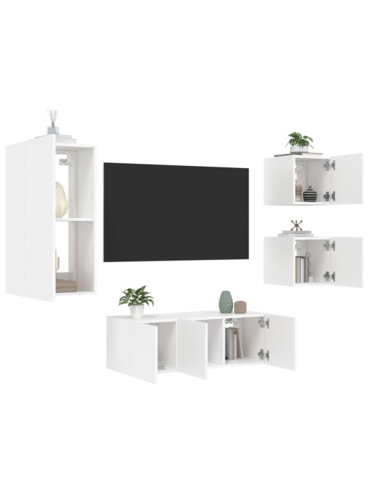 5-daļīgs tv skapīšu komplekts ar led, balts, inženierijas koks