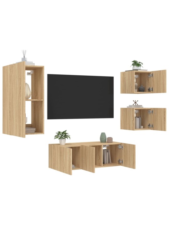 5-daļīgs tv skapīšu komplekts ar led, ozola, inženierijas koks