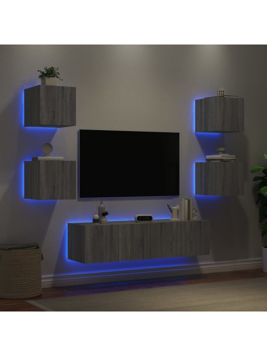 6-daļīgs tv skapīšu komplekts ar led, pelēka ozola