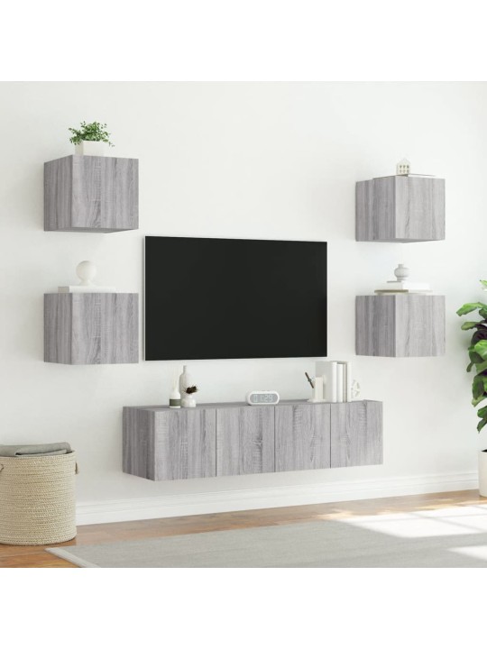 6-daļīgs tv skapīšu komplekts ar led, pelēka ozola