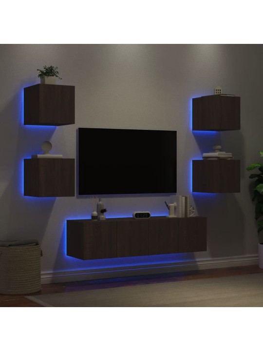 6-daļīgs tv skapīšu komplekts ar led, brūna ozola