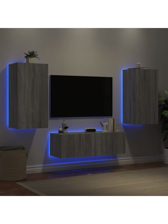 Tv sienas skapīši ar led, 3 gab., pelēka ozola