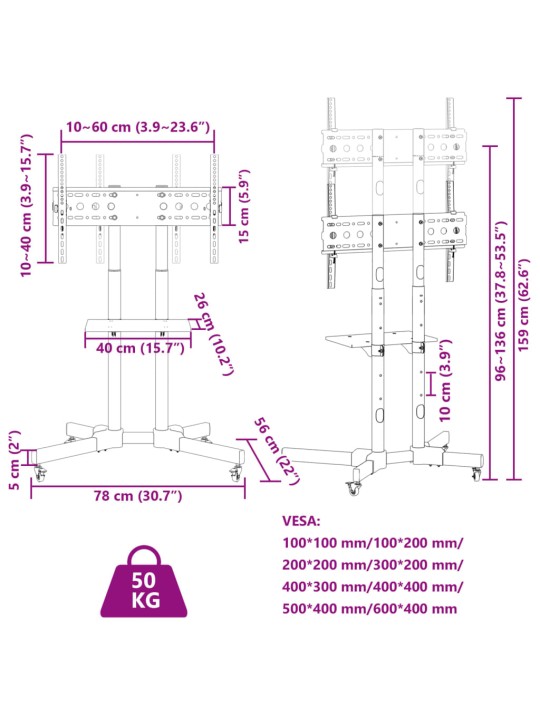 Tv statīvs uz riteņiem, 32-70 collu ekrānam, 600x400 mm, 50 kg