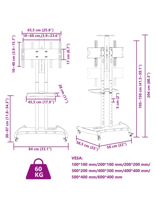 Tv statīvs uz riteņiem, 32-70 collu ekrānam, 600x400 mm, 60 kg