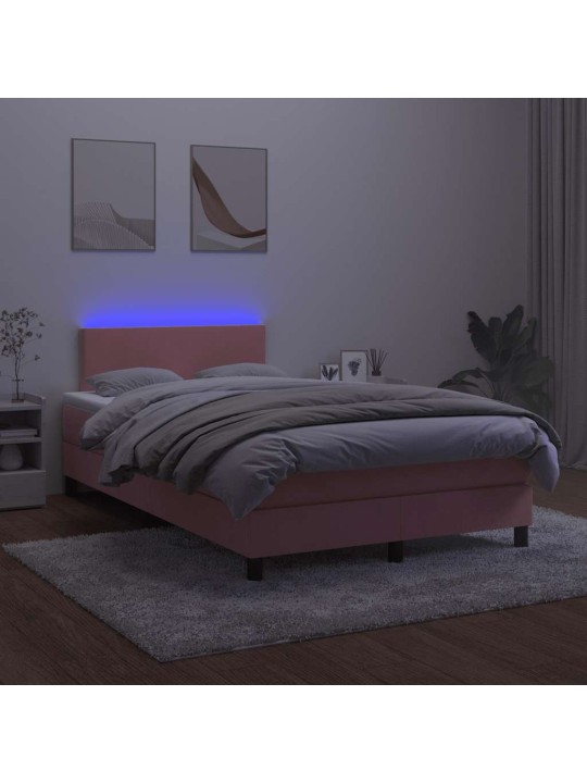 Atsperu gulta ar matraci, led, rozā samts, 120x190 cm