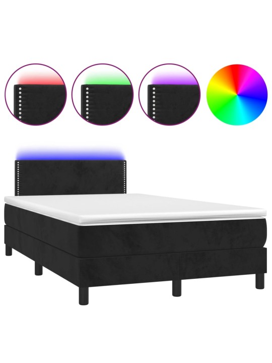 Atsperu gulta ar matraci, LED, melns samts, 120x190 cm