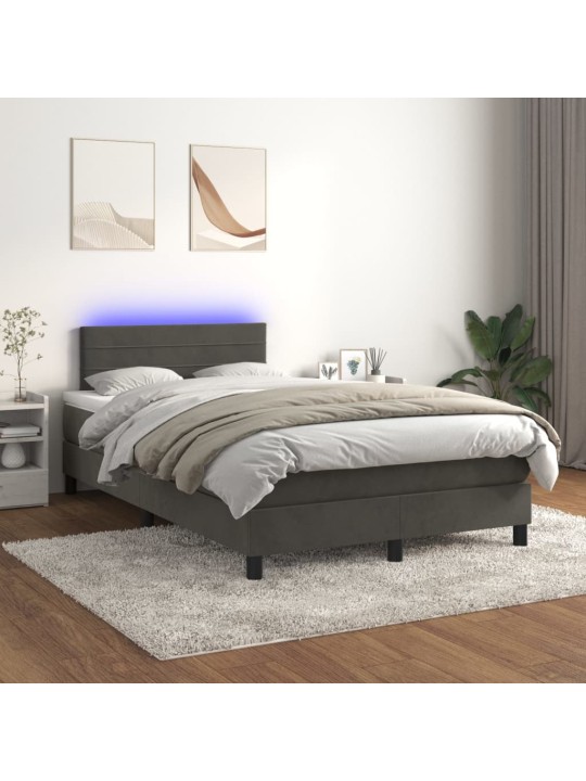 Atsperu gulta ar matraci, LED, tumši pelēks samts, 120x190 cm