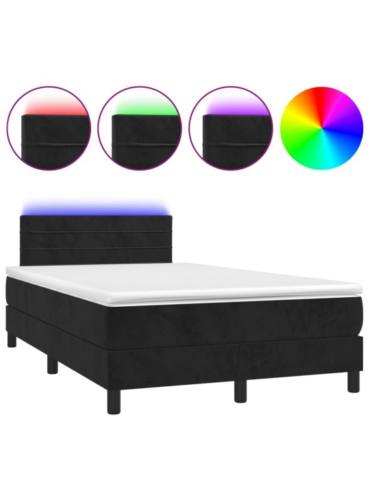 Atsperu gulta ar matraci, LED, melns samts, 120x190 cm