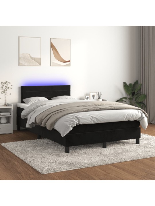 Atsperu gulta ar matraci, LED, melns samts, 120x190 cm