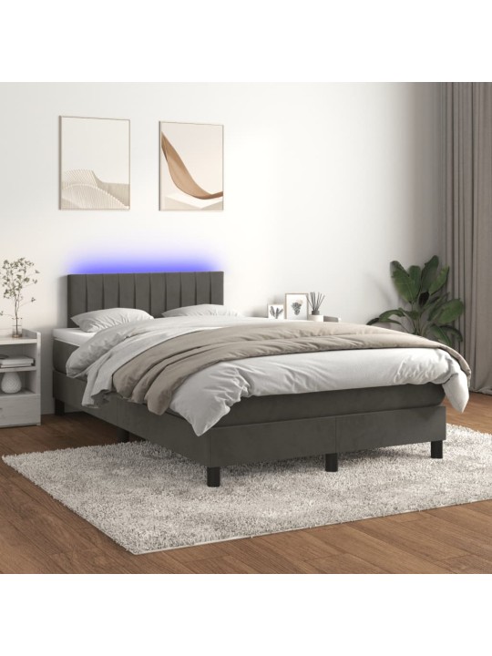 Atsperu gulta ar matraci, LED, tumši pelēks samts, 120x190 cm